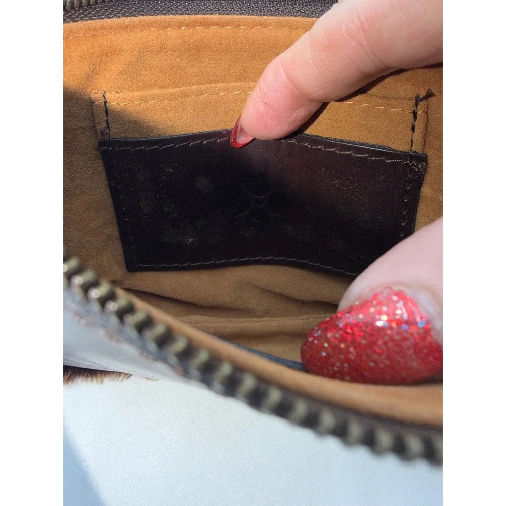 Patricia Nash Brown Italian Leather Faux Fur Trim Wristlet Pouch Pom Pom Charm